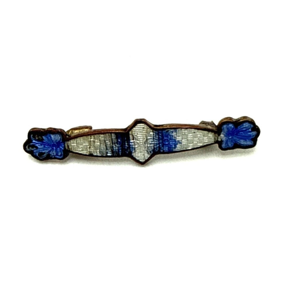 Antique Art Deco Blue & White Guilloche Enamel Bar Brooch Brass C Clasp 1.25"